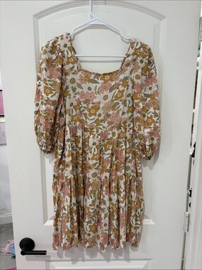 Pink Lily Pink & Mustard Floral Puff-Sleeve Midi Dress